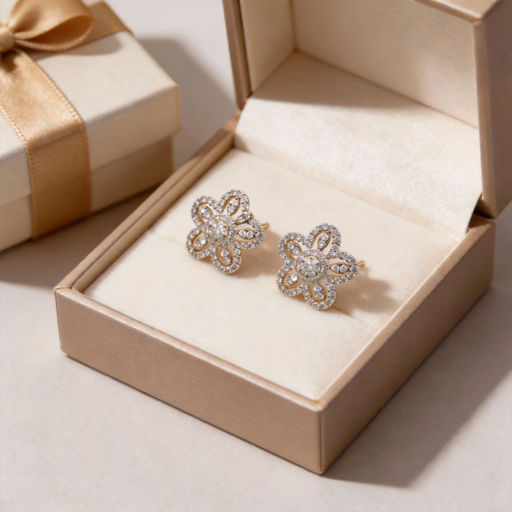 18k gold plated pave cz hollow floral stud earrings