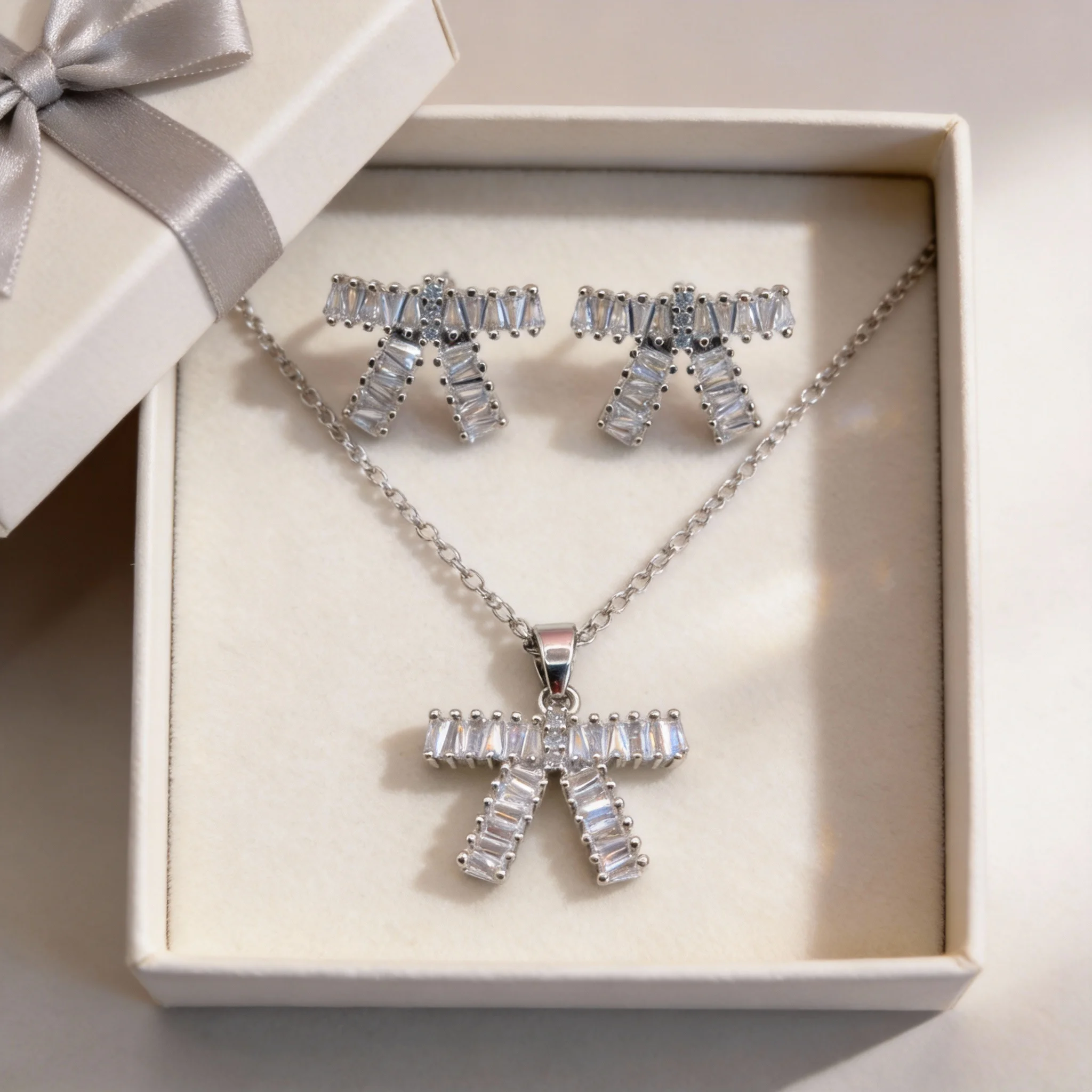 full pave baguette cz bow jewelry set