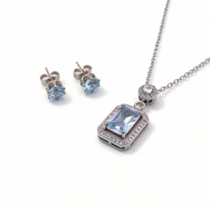 sky blue cubic zirconia square pendant necklace & earring set