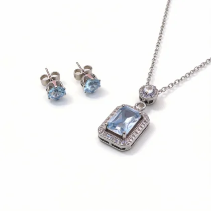 sky blue cubic zirconia square pendant necklace & earring set