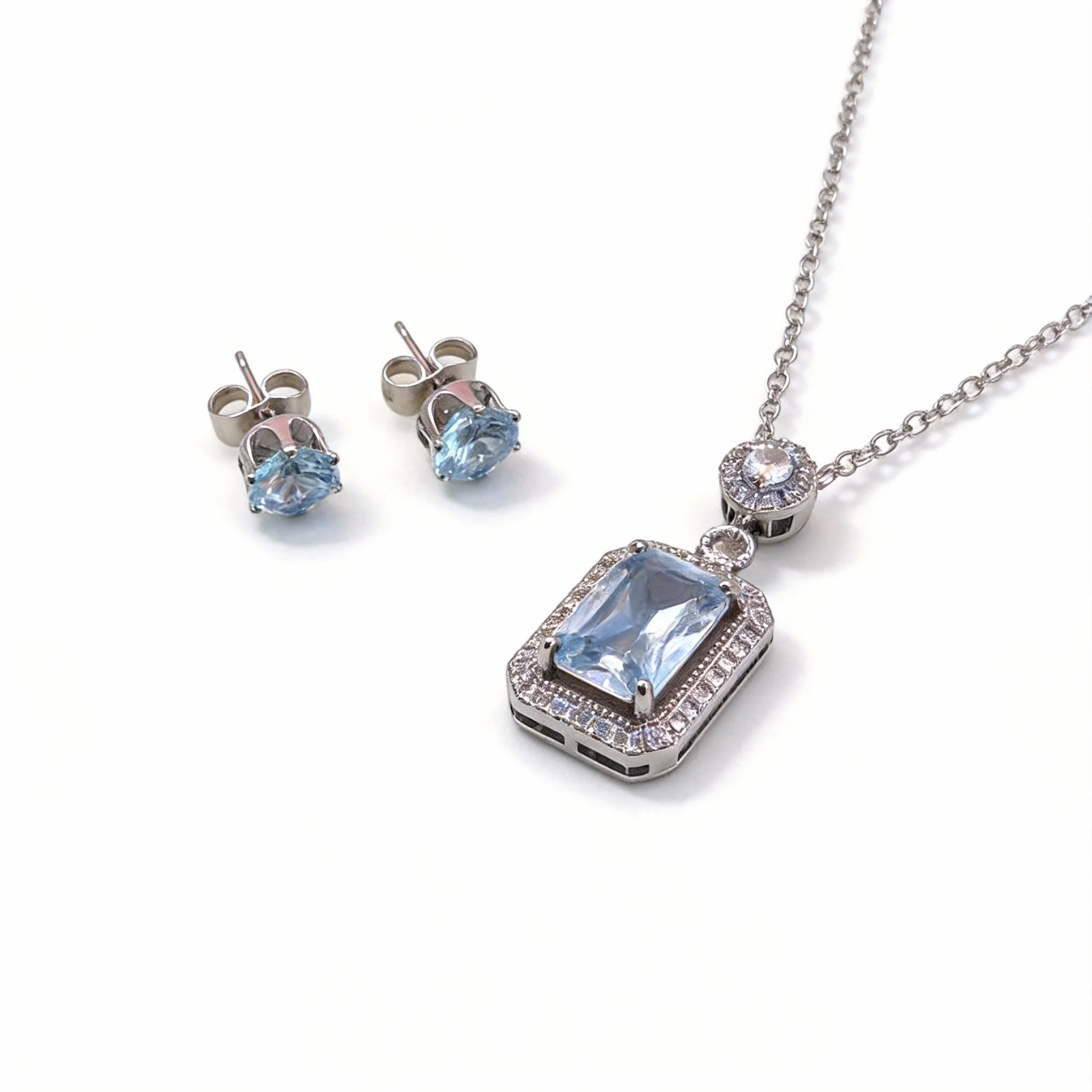 sky blue cubic zirconia square pendant necklace & earring set