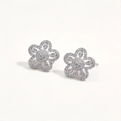 18k gold plated pave cz hollow floral stud earrings