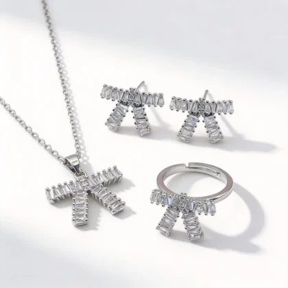 full pave baguette cz bow jewelry set