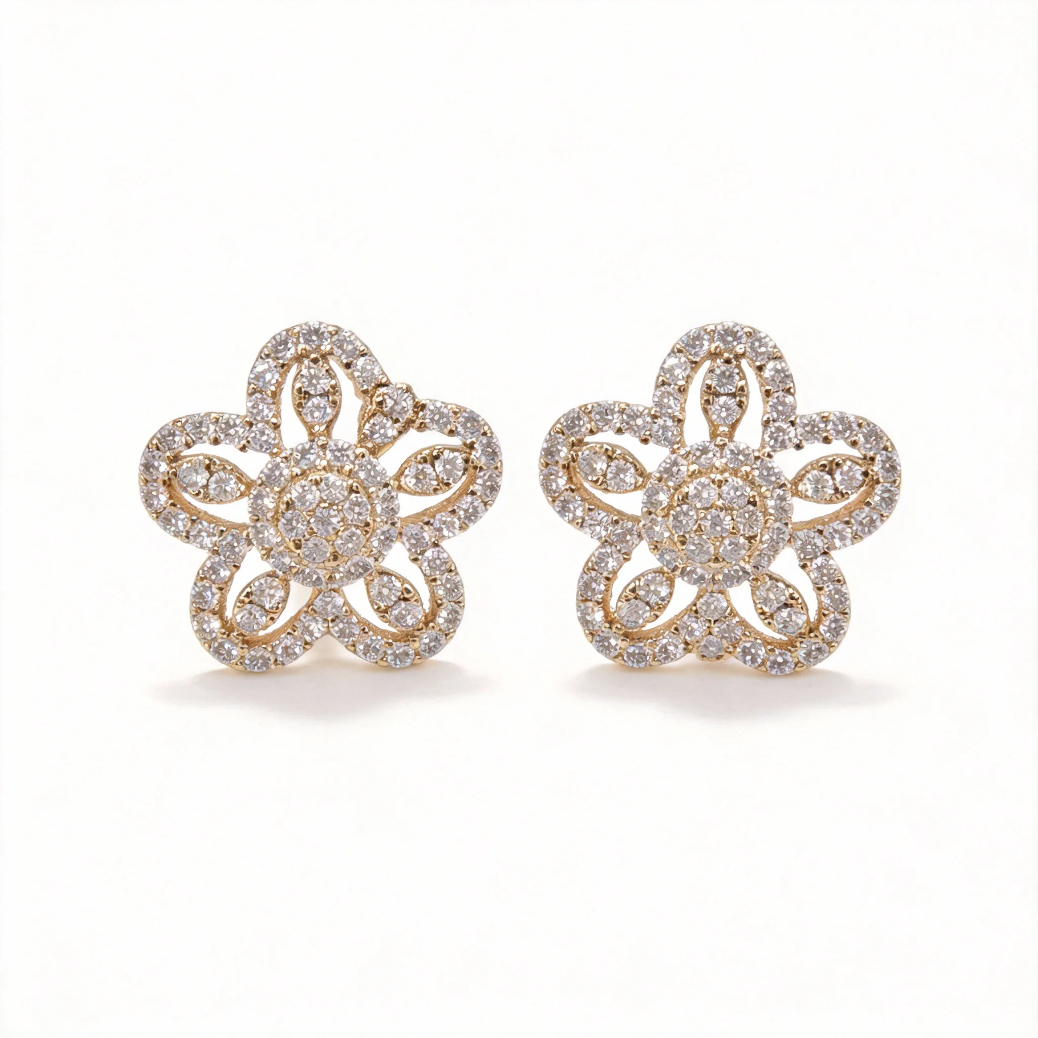 18k gold plated pave cz hollow floral stud earrings